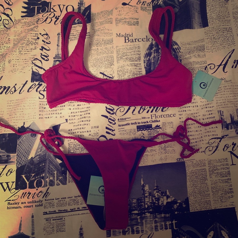 Plumeria Swimwear Bikini size Large Maroon Pink